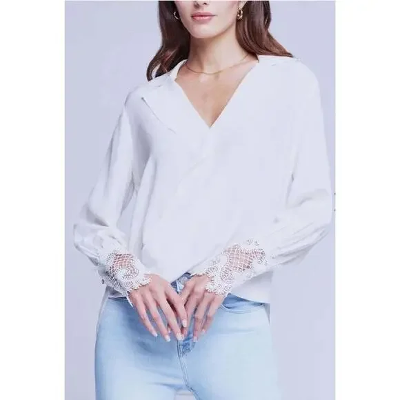 New L'AGENCE Blouse Size L Ivory Joah Surplice Lace Cuff Elegant Chic Feminine